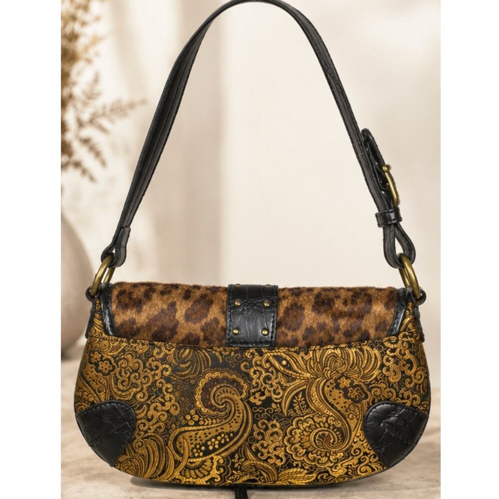 Y2K Leopard Fur Paisley Baguette Bag Gothic Boho Shoulder Purse Brass Hardware - Picture 2 of 10